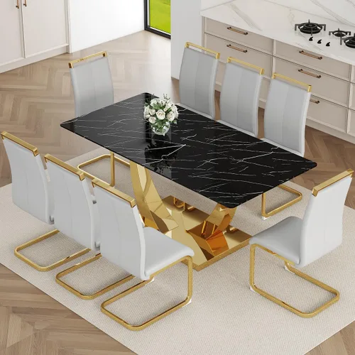 Miniatura 37 de Juego de Mesa de Comedor Negra para 6, Mesa de Comedor de Mármol Falso de 71" para 6, Juego de Mesa de Cocina Rectangular con Sillas de Cuero PU