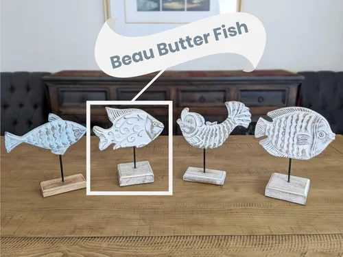 Miniatura 7 de Beau - Estatua de pescado de mantequilla en base Escultura de pescado de madera hecha a mano para casa náutica de playa, centro de mesa rústico