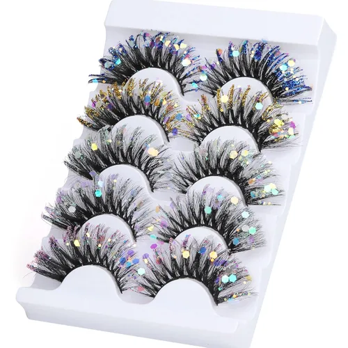 Miniatura 6 de Zegaine Pestañas postizas de colores con purpurina, 5 pares de pestañas dramáticas para festivales de ojo de gato, paquete de 5 estilos