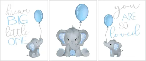 Juego de 3 impresiones artísticas de acuarela para bebé, niño, elefante, guardería, sin marco, en azul y gris, Dream Big Little One, You Are So Loved