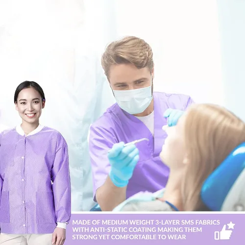 Miniatura 26 de Paquete de 10 chaquetas desechables de laboratorio, chaqueta médica reutilizable hasta la cadera, unisex, con puños de punto y bolsillos