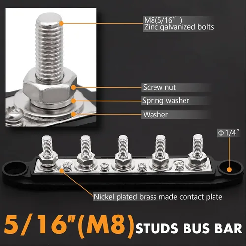 Miniatura 2 de Barra colectora de 5 postes 300A, perno de 5/16 pulgadas para 4 AWG y 2 AWG, bloque de distribución de energía con tapa, tacos y kit