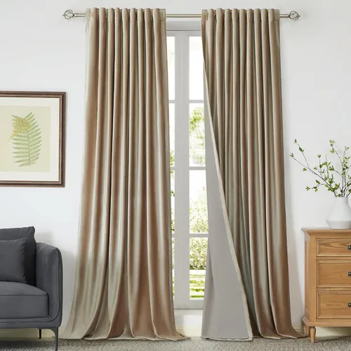 Miniatura 26 de Cortinas opacas de terciopelo dorado de 108 pulgadas para sala de estar, totalmente opacas, elegantes, 2 paneles con pestaña trasera, aislamiento
