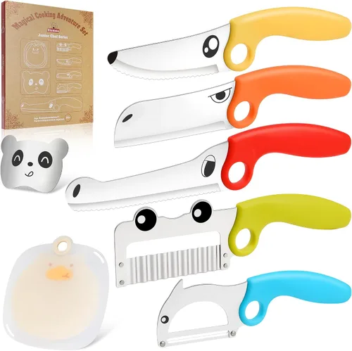 Juego de cuchillos de cocina para niños con caja de regalo de libro mágico y anillo educativo, herramientas de cocina de animales de 7 piezas,