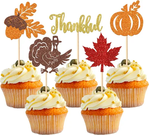 Miniatura 18 de Rsstarxi Paquete de 24 adornos para cupcakes con purpurina con purpurina para dar gracias, decoración de pasteles para el día de Acción de Gracias