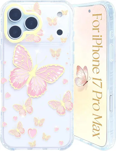 Miniatura 19 de Funda transparente con chispas brillantes para iPhone 15 Pro Max para mujeres y niñas, patrón de mariposas doradas, rosa y azul, funda protectora