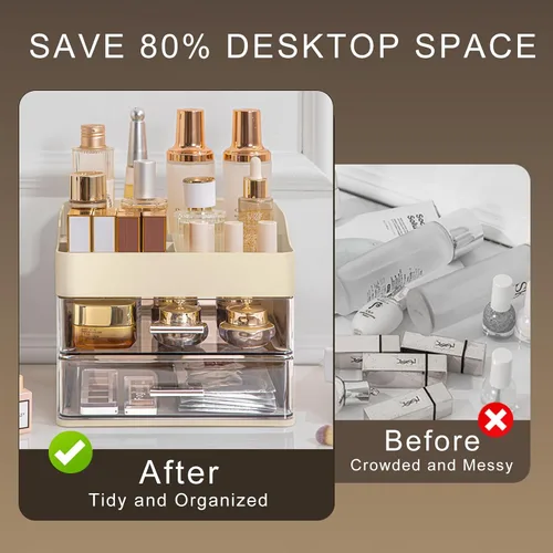Miniatura 5 de DASITON Organizador de maquillaje con 2 cajones, organizador de cosméticos de maquillaje de gran capacidad para tocador, tocador de baño