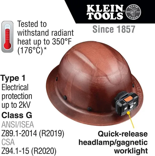 Miniatura 3 de Klein Tools 60447 Casco duro, ala completa, clase G serie KONSTRUCT con faro recargable, marrón y forro de casco de enfriamiento 60181, gorra debajo