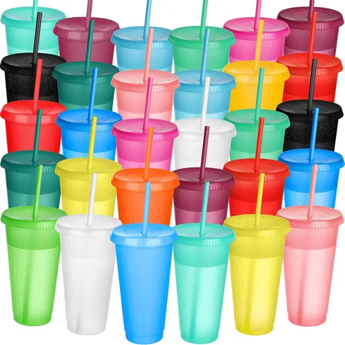Miniatura 16 de Honeydak Paquete de 60 vasos con popote y tapa, vasos a granel para regalos, tazas de café de plástico con purpurina de 24 a 27 onzas, botella