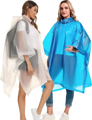 Miniatura 40 de Paquete de 2 ponchos de lluvia para adultos, reutilizables, impermeables, de supervivencia, emergencia, resistente, con capucha con cordón