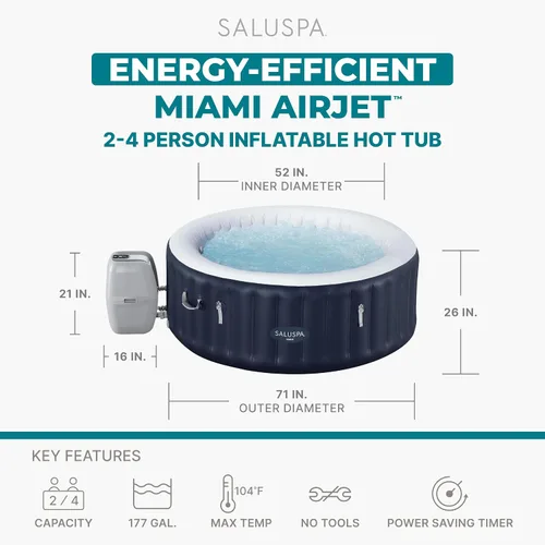 Miniatura 3 de Bestway SaluSpa Miami - Bañera de hidromasaje inflable para 2 a 4 personas, spa portátil de bajo consumo redondo para exteriores con 120 AirJets, 71