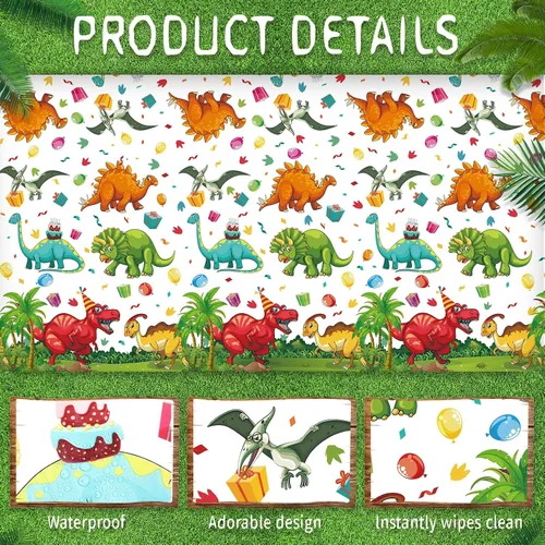 Miniatura 3 de Tegeme 1 mantel de plástico de dinosaurio para fiestas, 54 x 108 pulgadas, desechable, impermeable, con estampado de dinosaurios, para suministros