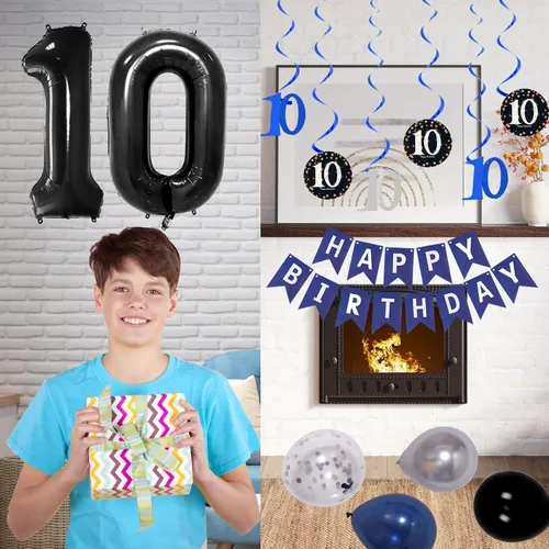 Miniatura 3 de Decoraciones de cumpleaños número 10 para niños y niñas, color azul oscuro, doble dígitos con pancarta de feliz cumpleaños, mantel de globos de 10