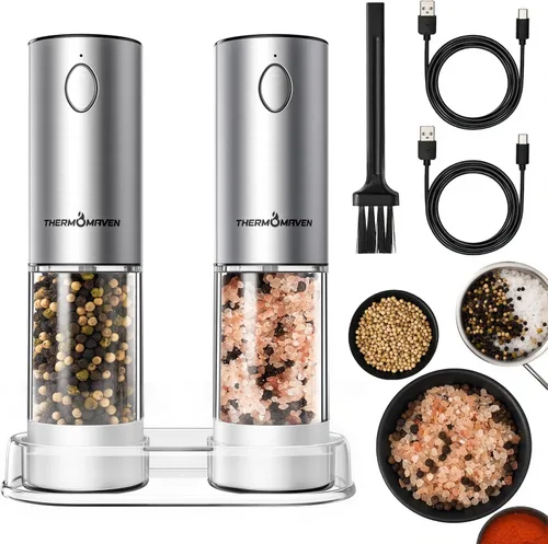 Miniatura 16 de ThermoMaven Juego de molinillo eléctrico de sal y pimienta, 3.7 fl oz más grande, recargable, automático, molinillo de sal y pimienta con 6 grosores