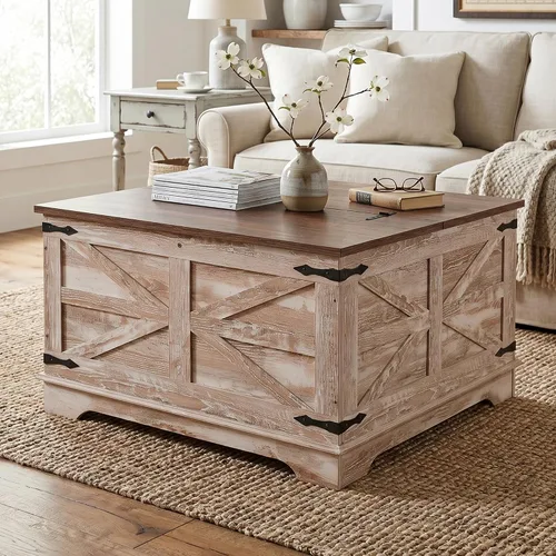 Miniatura 3 de senlin Mesa de café de casa de campo, mesa de café resistente con almacenamiento, mesa central cuadrada de madera con compartimento