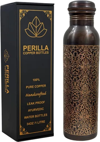 Miniatura 11 de Perilla Home Botella de agua impresa de cobre puro de 34 onzas, a prueba de fugas, recipiente de cobre ayurvédico 100% puro con tapa, bebe más agua