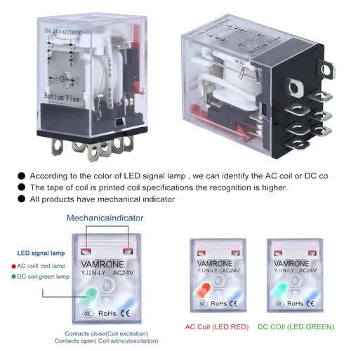Miniatura 6 de Relé de potencia electromagnética, bobina de relé de CA de 8 pines de 10 amperios y 24 V con base de enchufe, indicador LED, DPDT 2NO 2NC - MY4NJ 9