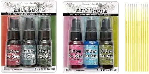 Ranger Tim Holtz Distress - Paquete de 6 botellas de una onza (colección Mica Holiday que incluye juegos 1 y 2) con varillas de detalle Trebbies