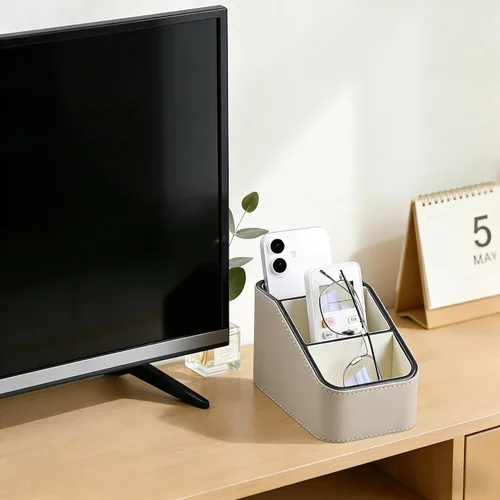 Miniatura 2 de Soporte para control remoto de piel sintética, organizador de escritorio pequeño, suministros de oficina, mesita de noche para mesa auxiliar, Beige