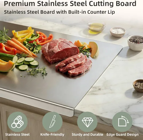Miniatura 3 de Tabla de cortar de acero inoxidable con labio, tabla de cortar de cocina para cortar carne, verduras y frutas, 16 × 12 × 0.8 pulgadas