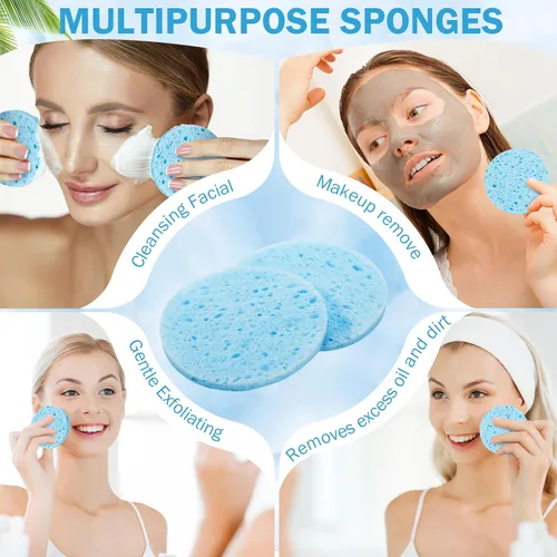 Miniatura 5 de Amyhill 300 esponjas faciales comprimidas, esponjas faciales naturales para limpieza, almohadillas exfoliantes faciales desechables para Azul