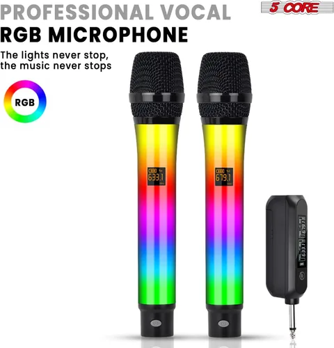 Miniatura 4 de 5 CORE Micrófonos inalámbricos, par de karaoke con luces LED brillantes, recargable, portátil, de largo alcance, micrófonos dinámicos de mano