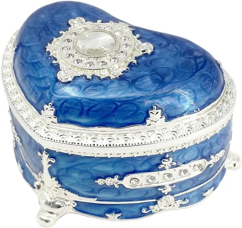 Miniatura 4 de ROSIKING Caja de música de aleación de metal en relieve en forma de corazón azul, caja musical antigua para joyería con cuerda, regalos
