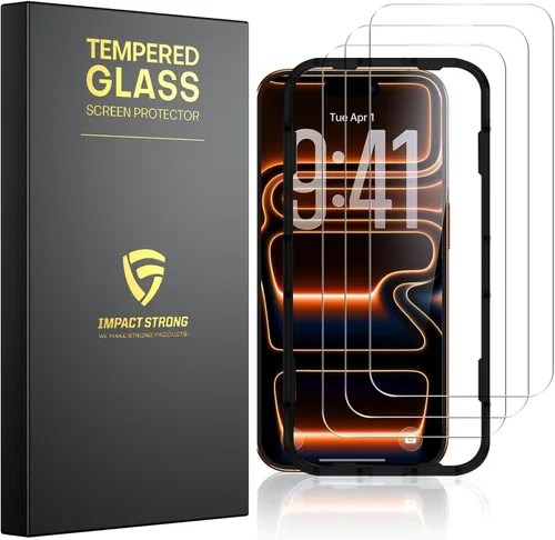 ImpactStrong Paquete de 3 protectores de pantalla de vidrio templado inastillables para iPhone 17 Pro Max [marco de fácil instalación] [sin