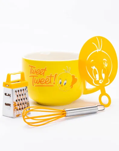 Miniatura 2 de LOONEY TUNES Juego de regalo de la cocina del hogar de la taza del capuchino de Tweety amarillo de la plantilla de la taza