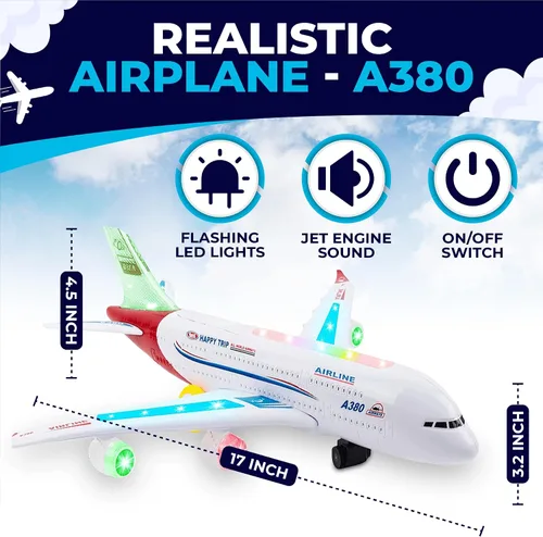 Miniatura 5 de Toysery Juguete de avión o aerobús con hermosas y atractivas luces intermitentes y sonidos realistas de motor a chorro, acción de choca y avanza