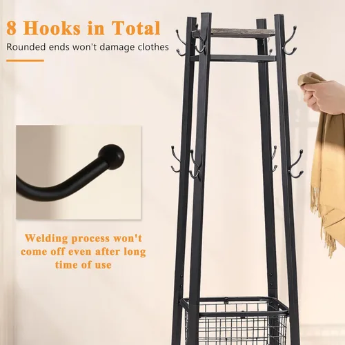 Miniatura 5 de VECELO Perchero independiente, árbol de pasillo con cesta de metal y estantes de almacenamiento, perchero industrial con 8 ganchos para colgar Marrón