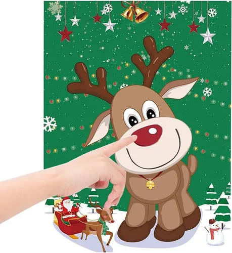 Miniatura 4 de FINGOOO Pin The Nose on the Reindeer, juegos de póster de reno de Navidad grande para niños, juegos de fiesta de Navidad