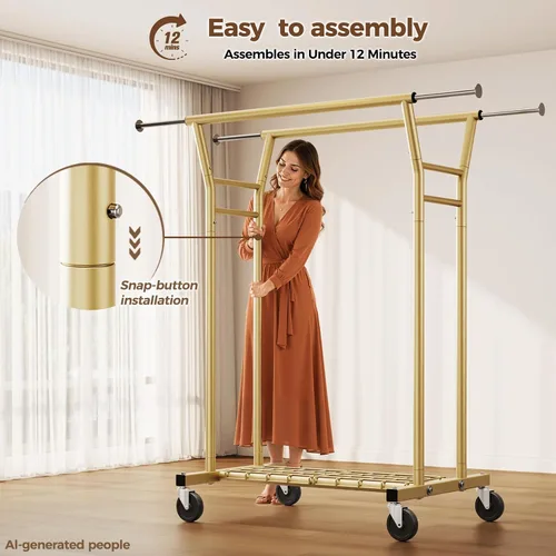 Miniatura 6 de HYSEYY Heavy Duty Clothes Rack, Rolling Clothing Rack for Hanging Clothes with Shelves Load 700LBS,Portable Garment Wardrobe Closet Rack with Wheels