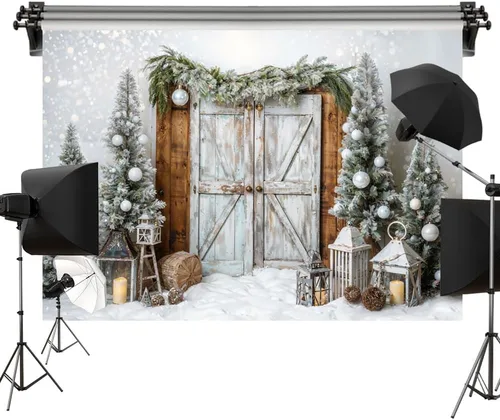 Miniatura 6 de Kate Telón de fondo nevado para puerta de granero de Navidad de 6.5 x 6.5 pies (6.6 x 6.6 ft), diseño de árbol de Navidad, fondo de tela impresa