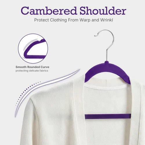 Miniatura 4 de HOUSE DAY Paquete de 60 perchas de terciopelo morado noble, perchas de terciopelo antideslizantes para ropa resistentes para abrigos, perchas Noble