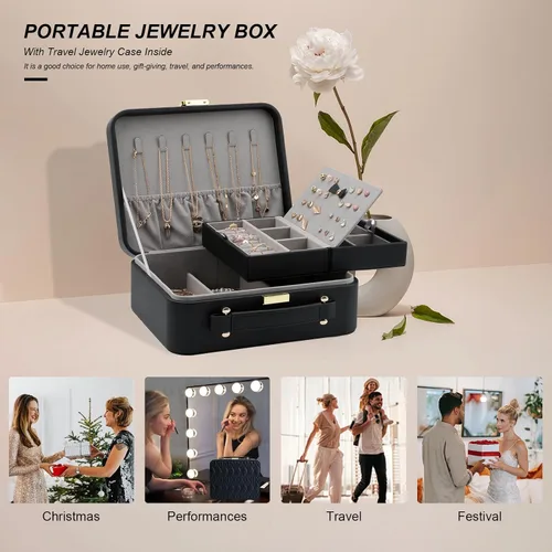 Miniatura 8 de V-LAFUY Joyero para mujer, organizador de joyas de viaje con bandeja de joyería para anillos, aretes, collares, pulseras y relojes, color negro
