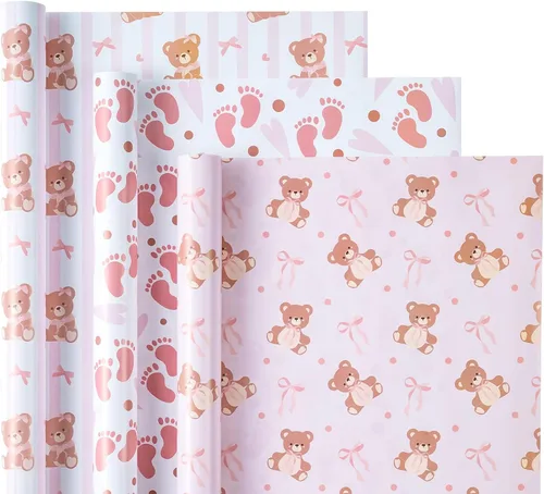 Miniatura 2 de WRAPAHOLIC - Papel de regalo para baby shower con diseño de oso - Rollo mini - 3 rollos - 17 pulgadas x 120 pulgadas - Papel de regalo con lazo