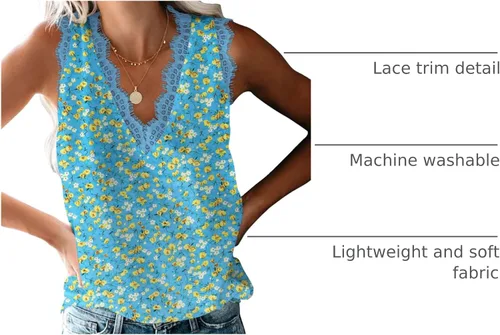 Miniatura 269 de VIISHOW - Camiseta sin mangas, sexy, con cuello en V y bordes de encaje para mujer, camisola de vestir, camisas de gasa, sin mangas, casuales