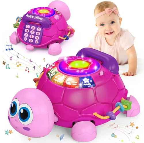 Ussybaby Juguetes Musicales de Tortuga para Bebés de 6 a 12 Meses, Juguete Musical Iluminado para Tiempo Boca Abajo del Bebé con Teléfono, Juguetes