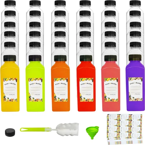 Miniatura 10 de 36 unidades de botellas de plástico de 8 onzas con tapas, botellas de jugo con tapas, recipientes reutilizables transparentes para bebidas a granel
