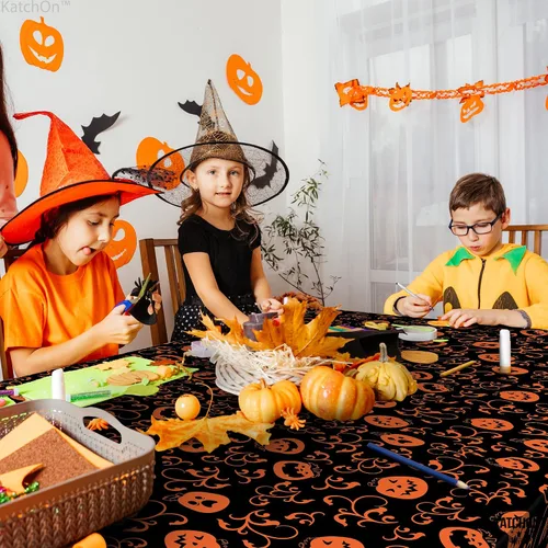 Miniatura 6 de KatchOn, Mantel de plástico de Halloween de calabaza, 54x90 pulgadas, paquete de 3, mantel de calabaza, mantel de Halloween negro y naranja, mantel