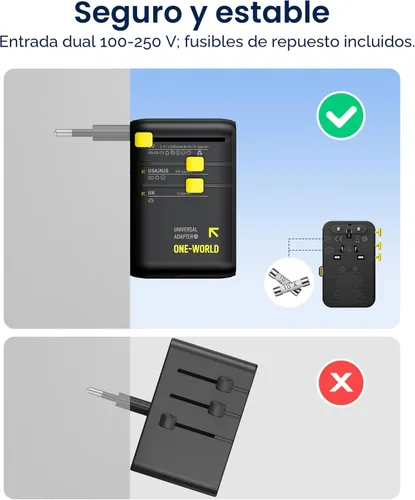 Miniatura 5 de Baseus Adaptador de viaje universal de 70 W, adaptador de enchufe internacional 6 en 1 con cable retráctil, cargador de pared USB-C PD de carga Negro
