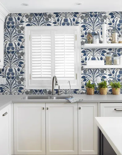 Miniatura 5 de CiCiwind Papel tapiz de despegar y pegar, color azul y blanco, papel de pared floral, bohemio, autoadhesivo, apto para inquilinos, papel de contacto