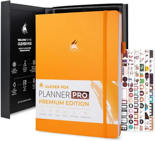 Clever Fox Planner Pro Premium - Lujosa agenda semanal y mensual con organizador de presupuesto para productividad y objetivos, sin fecha, A4