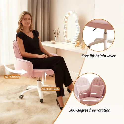 Miniatura 3 de Silla de Oficina para el Hogar de Terciopelo Sillas de Tocador Bonita Silla de Escritorio de Maquillaje con Ruedas Respaldo Medio Sillas de Rosa