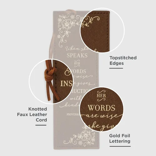 Miniatura 4 de Christian Art Gifts - Marcapáginas premium de piel sintética vegana con escritura bíblica para mujeres: Cuando ella habla - Proverbios 31:26, Marrón
