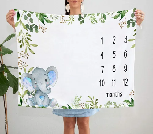 Miniatura 5 de Yuzioey Manta mensual de hitos para bebé, manta de fotos de elefante de safari, regalo para nuevas mamás, Watch Me Grow Baby Boy Greenery Elephant
