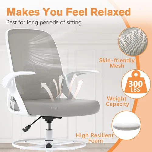 Miniatura 6 de ORRSAKER Silla de dibujo, silla de oficina alta con brazos abatibles, silla de escritorio ergonómica de malla para computadora con anillo de pie