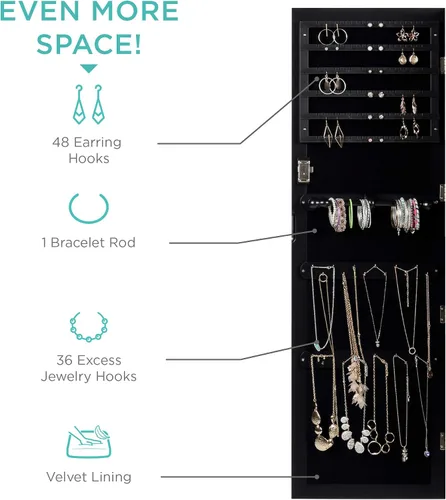 Miniatura 3 de Productos mejor elección clóset con espejo joyería armario con espejo de maquillaje con soporte anillos, collares, brazaletes, Madera Noble, Negro