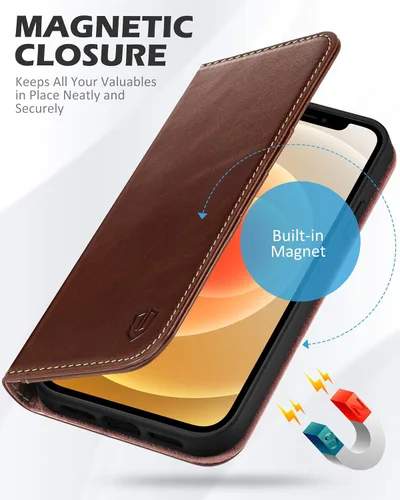 Miniatura 4 de SHIELDON Funda para iPhone 12 de 6.1", cartera de cuero genuino con protección magnética tipo libro, soporte con bloqueo RFID para tarjetas de Café